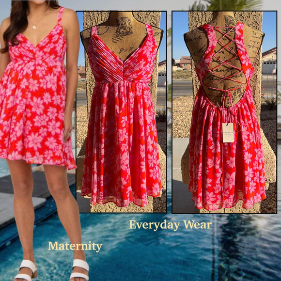 Pinkblush Floral Chiffon Open Lace-Up Back Sleeveless Maternity Dress Size L - Picture 1 of 12